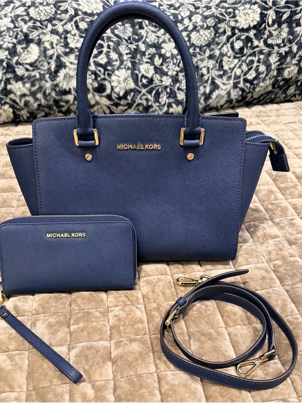 Michael Kors Navy Saffiano Leather Satchel with Wallet and Strap